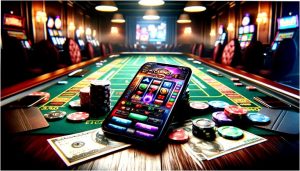 Juego de casino social en el móvil con fichas y mesa de apuestas en ambiente virtual